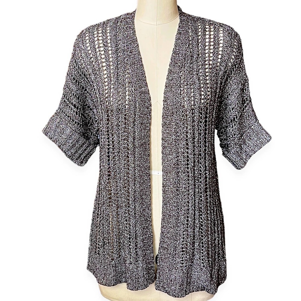 Chico's Additions Cardigan Sweater Gray Silver Metallic Open Knit